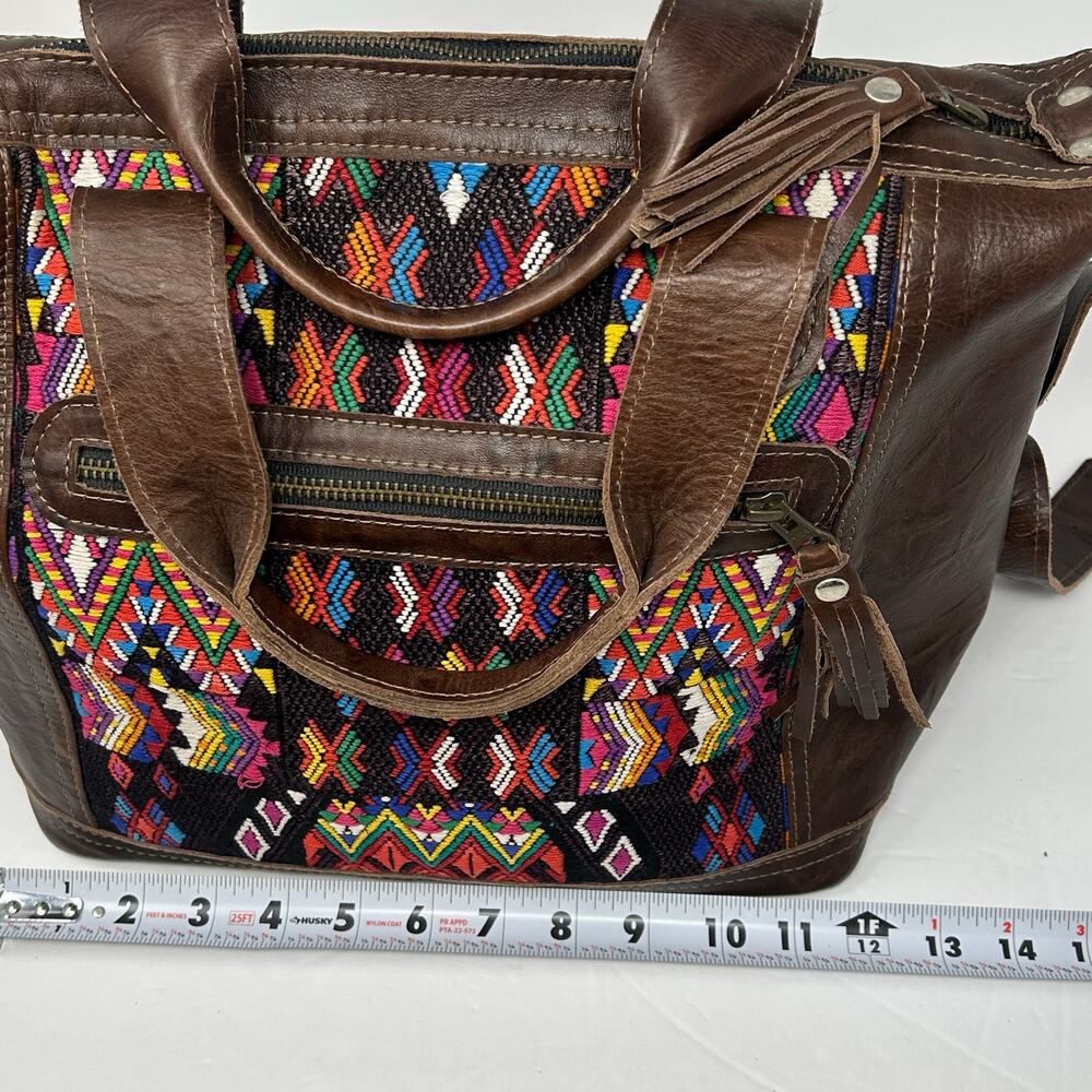 Large Handbag Crossbody Guatelmalan Leather Embroidered Colorful Huipil Artisan - Picture 9 of 11
